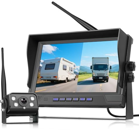 Rimoody Kit Telecamera Posteriore Senza Fili 9 Pollici IPS Monitor con 4 Schermi, BSD/DVR,Telecamera Retromarda Auto IP68 Impermeabile, Visione Notturna, Loop Video, per Camion/Rimorchi/Camper/Bus