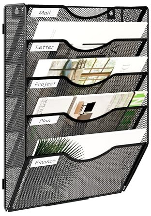 JEBELE 5 Fächer zusammensetzbarer Zeitschriftenhalter Zeitungshalter für Wand Büro Mesh Design A4 Dokumentenablage Büro Organisationsregal mit Etiketten Metall,Schwarz