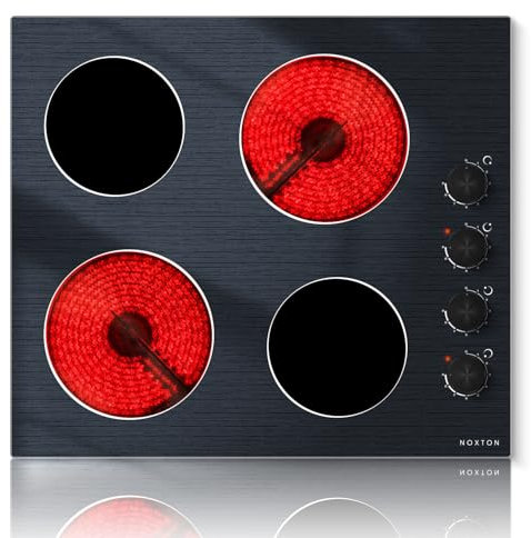 NOXTON Piano Cottura Vetroceramica 4 Fuochi, 6000W Piano Cottura Elettrico 60cm con Manopola Incasso, Piani Cottura Elettronica, Spegnimento Automatico, Vetro Cristallo, Argento Nero