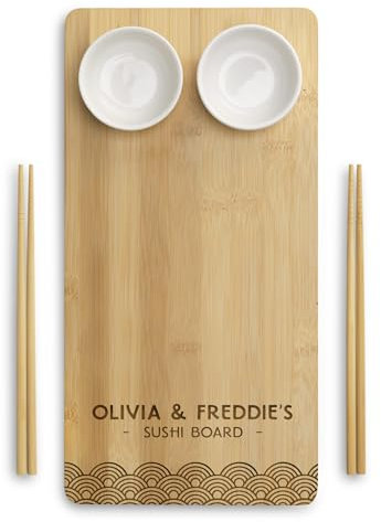 eBuyGB Personalised Sushi Board, Chopsticks & Dip Dishes, Sushi Gift Set, Couples Gift, Sushi Tray, Japanese Cuisine Dish, Sushi Serving Plate Gift