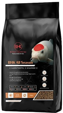 BHK – Koi Futter All Season 15kg – Teichfutter mit Fischmehl & Lachsöl – Schwimmende 5mm Pellets – Ganzjahresfutter– Für Frühjahr bis Herbst