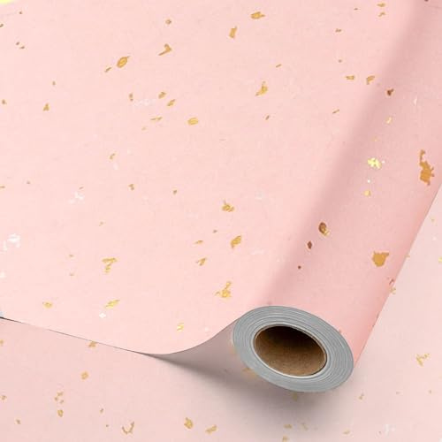 Rouleau de papier cadeau - Rose et noir - Avec étoiles flottantes - Avec étoile dorée - Pour Noël, mariage, Saint-Valentin, anniversaire, fête des mères - 43 cm x 10 m - Rose