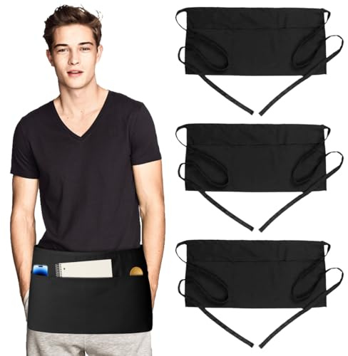 3 Pezzi Mezzo Grembiuli da Cucina, Corto Grembiule Nero Cameriere con 3 Tasche per Uomini Donne, Impermeabile Chef Grembiule Nero Regolabile per Bistrot, Bar, Ristorante, Caffetteria (60 x 30cm)
