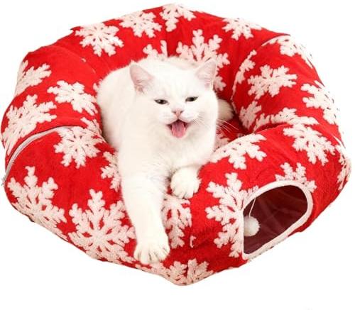 Tunnel de Noël pour Chat avec lit, Tunnel de Jeu pour Chat Nid De Chaton en Forme De Donut Grotte en Peluche pour Chats pour Chatons, Chiots et Lapins