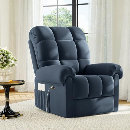 Welzona Recliner Chair for Adults, Electric Recliner Armchair with Infinite Position, USB Port, Ultra-Comfy Padded Cushion Teddy Fleece Reclining Chairs for Living Room with Side Pokect, Blue