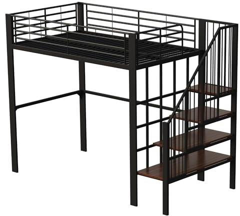 Azkoeesy Letto a Soppalco Matrimoniale 140x200 cm in Metallo Resistente, Scala ad Angolo, 3 Mensole Portaoggetti, Spazio di Archiviazione sotto il letto, Parapetto di Sicurezza e Doghe, Colore Nero