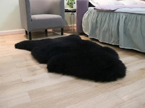 Woolous Black Sheepskin Rug, Genuine New Zealand Sheep Skin Rug Fluffy Thick Real Sheep Skin Throw for Bedroom, Living Room, Sofa & Chair, Deep Pile Wool, Luxury Home Décor (90x60cm)