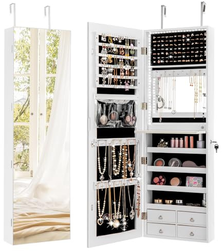 RELAX4LIFE Armadietto Portagioie con Luci LED, Specchiera Portagioie da Parete o Porta, Specchio a Figura Intera, 4 Cassetti, Organizer Gioielli per Camera da Letto (Bianco)