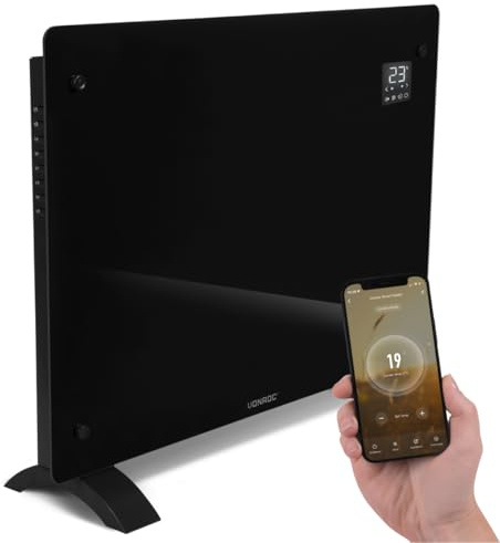 VONROC Smart Konvektorelement 1500W – Glasfront & LED-display – WiFi via Tuya Smart Life App, Termostat, Timer, IP24, Barnlås – Tyst värme för rum upp till 18 m² – Fristående eller väggmontering