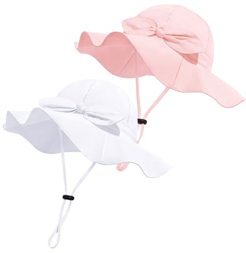 Baby Girl Sun Hat with UPF 50+ Outdoor Adjustable Beach Hat with Wide Brim Bucket Hats (6-12 Months, Pink & White -2pcs)