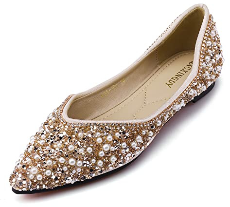 Women's Rhinestone Flats Fashion Pointed Toe Pearl Diamond Low Heel Dress Wedding Flats Work Business Dance Ballet Flats Gold Size - 9