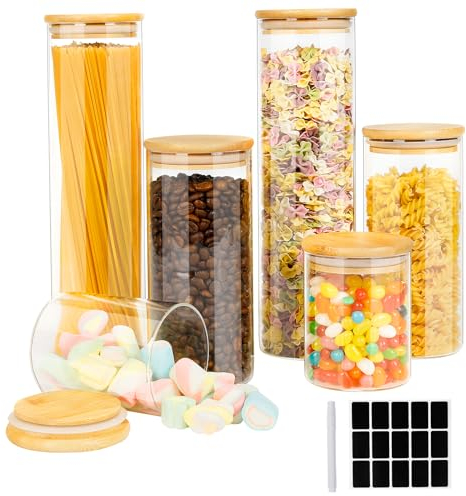 Cinnani Bocaux en Verre - Lot de 6, Rangement Cuisine, Pot en Verre avec Couvercle, Hermétique, Pour Céréales, Cornflakes, Sucre, Spaghetti