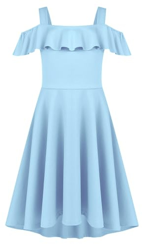 Arshiner Vestido de Verano Elegante para Niñas con Hombros Descubiertos, Alto y Bajo, Informal con Bolsillo de 4-13 Años