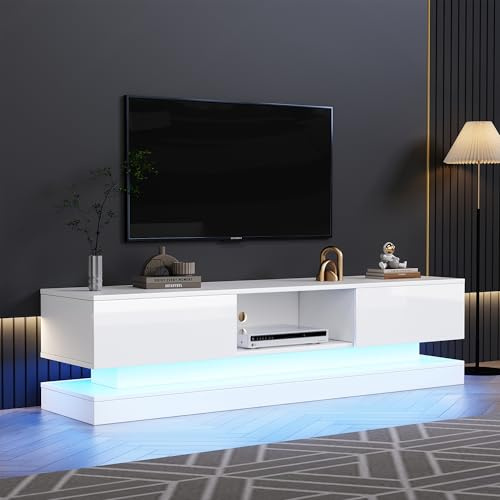 ModernLuxe TV Stand Cabinet with 16 Colour RGB LED Lights, High Gloss Front, 2 Drawers and 1 Open Storage Space, TV Units for Living Room, Modern Entertainment Center, 160x35x40.5cm, White