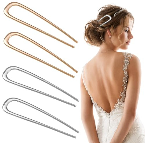 4uds Horquillas para Cabello Francesas de Metal, Alfiler de Pelo en Forma de U Horquillas para Todos los Tipos de Cabello de Mujeres y Niñas Accesorios para El Cabello Dorado y Plateado