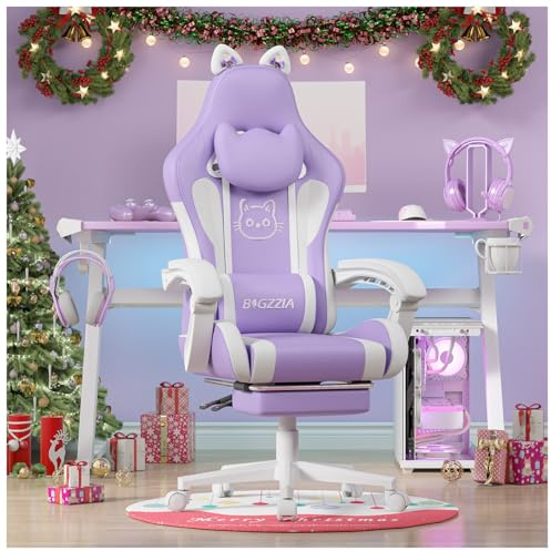 Bigzzia Silla Gaming con Orejas, Silla Gamer con Masaje (Morado) | Bonito, Para Chicas, FuncióN De Masajes, ReposapiéS, CóModo, Dormitorio, Rosa, Juvenil, Combina Con Todo
