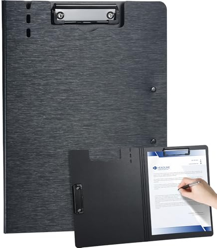 WORPSON Clipboard Folder, with Dual Metal Clips, Embossed-Texture, Folding 360° Rotating, Nursing Clipboard for Letter and A4, Pen Holder (Black, 1)