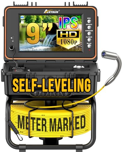 Anysun Inspektionskamera, Selbstnivellierende 1080P Endoskopkamera mit Licht mit Meter-markiertem Kabel, 9-Zoll IPS-Bildschirm, DVR-Rekorder, 23mm IP68 Wasserdichter Kamerakopf, 5100mAh Rohrkamera 50M