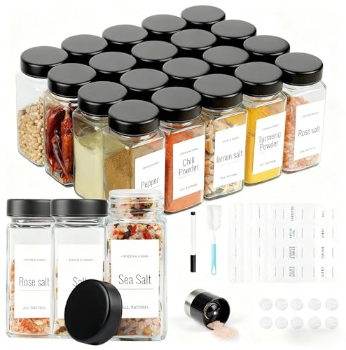 FRIBERG Set di 20 barattoli per spezie quadrati, macinaspezie in vetro con coperchi in acciaio inossidabile 120ml, con 2 macinaspezie per la conservazione di spezie, contenitori per spezie