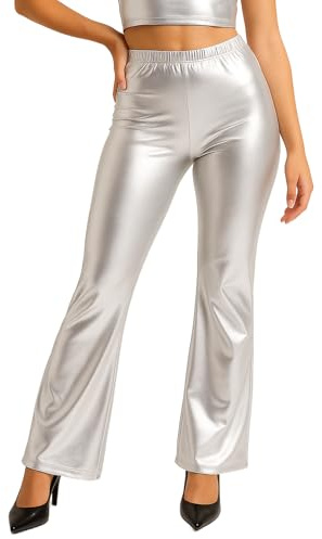 Pantalon clochette pour femme métallisé, taille haute, similicuir élastique, Flare Disco années 70, Fiesta Club, legging brillant, taille élastique, jambe évasée, danse, rock, carnaval, nuit, argent