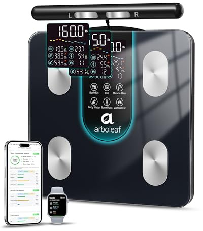 arboleaf Körperfettwaage mit Handsensoren, Waage mit Körperfett und Muskelmasse 50 Körpermaße, Körperanalysewaage mit App & großes Display bis zu 180kg/400lbs (Schwarz)