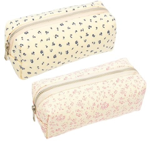 Zouwel 2-Pack Floral Pencil Cases,Small Cute Flower Design Pencil Holder for School,Office Supplies,Cotton Portable Cosmetic & Toy Bag Organizer for Students & Teens (Pink+Dark Blue Flowers)