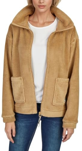 DENIMFY Fleecejacka dam normal passform DFKira teddyfleece vinterjacka övergångsjacka ståkrage svart beige brun S M L XL XXL, Tanninbrun, L