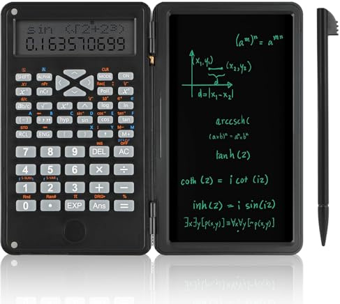 OFFCUP Calcolatrice Scientifica con LCD Lavagna Cancellabile 240 Funzioni Display a 2 Righe Pieghevole con Funzione Penna e Nota Materiale Scolastico per Liceo Università Scuola Casa（Nero）