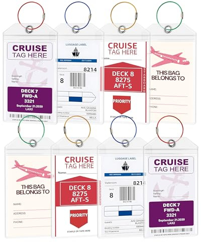 Paquete de 8 etiquetas para maletas para cruceros y etiquetas para maletas de viaje – Etiquetas de equipaje transparentes resistentes al agua con cinta de metal, etiquetas para maletas robustas de PVC