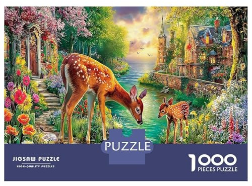 Deer by River 1000 Pièces Lot de Puzzles Présentant Un Niveau De Difficulté Ultra Élevé Deer by Castle Stream conçu comme Activité Parascolaire Et Produit Le Mieux Noté 38x26cm/1000pcs