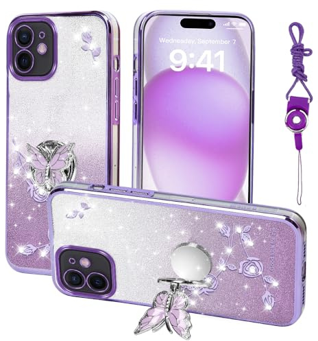 GHTUGHN För Apple iPhone 12 (6,1 tum) mobilskal, för mobiltelefon skal kvinnor och flickor, glitter fjäril-blomma TPU skyddande fodral med stativ + rem fodral skydd för iPhone 12 (lila)