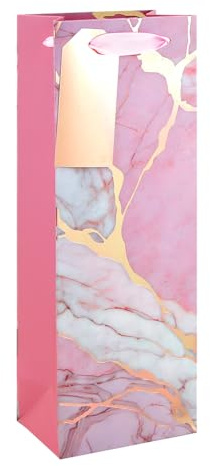 Pink Marble Bottle Gift Bag 35cm – Paper Wine & Champagne Bottle Present Bag with Pink Ribbon Handles & Gold Name Tag
