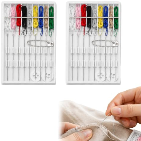 2 Sets 20 Pcs Travel Pre-Threaded Needle and Thread Kit, Handy White Storage Box & Buttons & Safety Pin, Needles for Sewing Assorted 10 Colors with Thread Ready, for Quick Mending & Crafts
