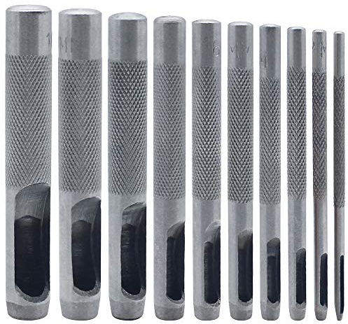 DXLing 10 Piezas Punzones de Agujero de Acero Redondo 1 mm a 10 mm Herramienta de Punzón de Hueco de Cuero Punzones Huecos de Piel para Cuero Banda de Reloj Zapatos Tela Ropa de Lona Artesanía