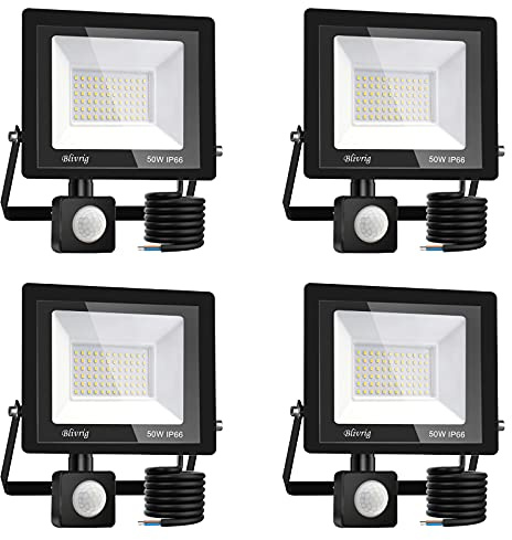 Blivrig 4PCS Projecteur LED exterieur Detecteur de Mouvement 50W Blanc Froid 6500K, 5000LM Mur Spot LED extérieur avec Capteur, PIR Phare Puissant, IP66 Lampe de Sécurité, pour Jardin Terrasse Garage