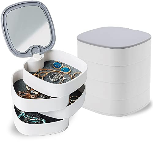 BoîTe à Bijoux, Boîte à Bijoux Rotatif, BoîTe à Bijoux avec Miroir, Boite a Bijoux Voyage Blanc, Rotation Petite Coffret Bijoux de Rangement, pour Collier Bracelet Bague Boucle Anniversaire (Blanche)