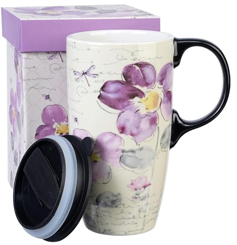Topadorn 17 oz Ceramic Travel Mug with Spill Proof Lid & Handle, Microwave Dishwasher Safe Coffee Cup, Gift for Men and Women, Flower