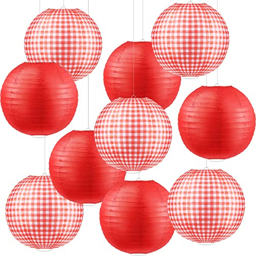 Elcoho 10 Pieces Picnic Party Decorations Paper Lanterns Round Hanging Lanterns for Summer Barbecue Birthdays Holidays Picnic Party Supplies, Pure Red, White and Red Plaid