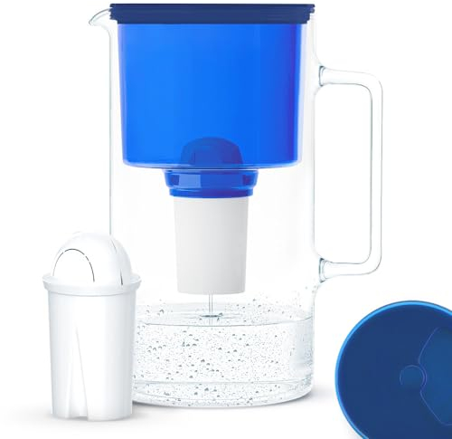 Wessper Jarra Filtradora De Vidrio Con 1 Cartucho De Filtro, Compatible Con El Filtro Brita Classic, Reduce La Cal, El Cloro Y Los Microplásticos, 3 Litros, Azul
