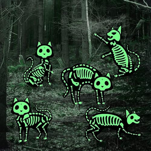 5 Pack Halloween Scary Glow in the Dark Black Cat Yard Signs with Stakes