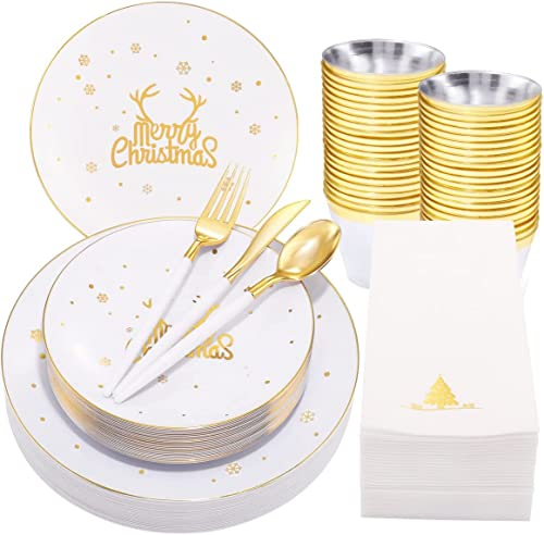 KAHEIGN 175Pcs Mehrweg Weihnachtsgeschirr Set für 25 Personen, Wiederverwendbares Weihnachten Geschirr Set mit 25 Speiseteller 25 Salatteller 25 Messer 25 Gabeln 25 Löffel 25 Servietten für Party