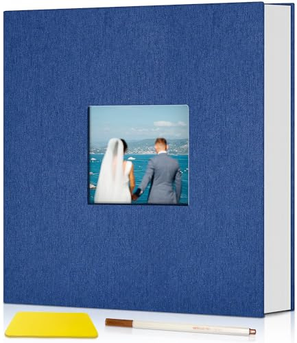 Popotop Fotoalbum selbstklebend mit Bildanzeigefenster, 40 Seiten DIY Scrapbook Album für 10x15 Bilder, Leineneinband Erinnerungsbuch für Baby Hochzeit, mit Scraper und Metallic Stift