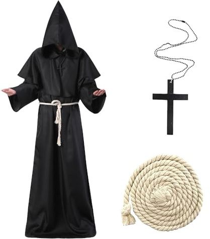 LGZIN Disfraz de Monje Hombre, Sacerdote Túnica Medieval Renacimiento Traje, Disfraz de Monje Medieval Sacerdote con Collar de Cruz, Disfraz de Cosplay de Halloween con Capucha (M)