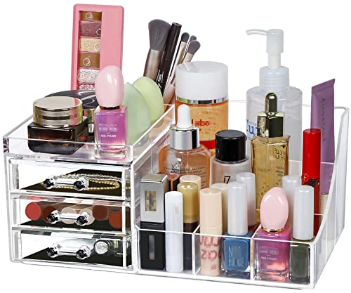 Greentainer Make-up Organizer Große Kosmetik-Aufbewahrungsbox mit Kapazität 8 Gitter in verschiedenen Größen und 3 Schubladen für Schlafzimmer und Badzimmer,Kosmetik-Organizer aus Acryl,Transparent