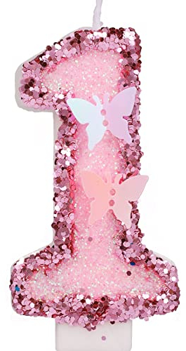 7,5cm Geburtstag Nummer Kerzen, Glitzernde Zahlenkerze Rosa Zahlenkerzen Kuchenaufsatz Schmetterlings-Geburtstagskerzen mit Pailletten für Jubiläumsfeiern (Nummer 1)