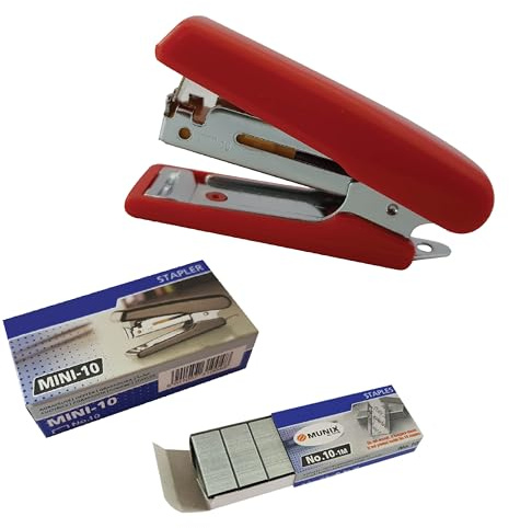 ZMINI10 Mini Stapler with Built-in Staple Remover, RED Body + 1000 Staples, 10 Sheets Stapling, School Office Home Use, iZOFAX Black Ball Pen