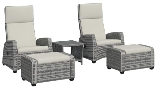 Outsunny 5 Piece Rattan Garden Furniture Set, Garden Reclining Rattan Chairs Set of 2 with Wood-Plastic Composite Table, Footstools and Thick Cushions for Balcony, Patio, Grey