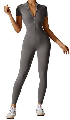 Litthing Femme Combinaison de Sport, Sexy Tirette Long Moulante Vetement Manches Courtes Body Yoga Élastique Skinny Une Pièce Tenue d'entraînement Bodycon