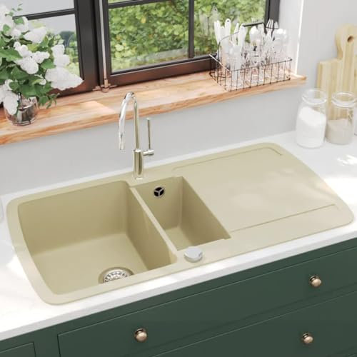 Évier de Cuisine à 2 Bacs, Lavabo de Cuisine 2 Cuves Évier de cuisine Granit Double lavabo Beige