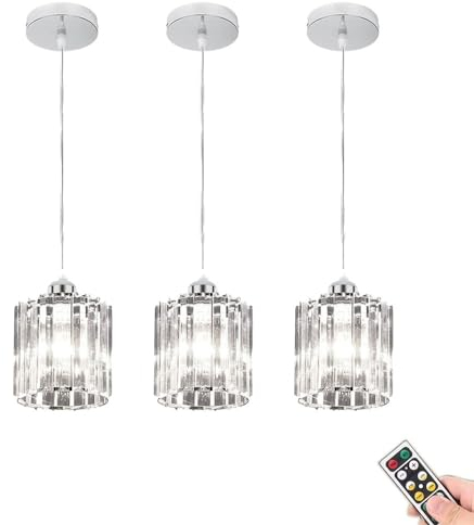 3 Pack Battery Operated Pendant Light with Remote, Rechargeable No Wiring Ceiling Hanging Lamp,Modern Crystal Glass Wireless Pendant Lighting Fixture Silver for Kitchen Island Dining Room Bedroom